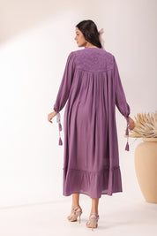 Women Purple  Rayon Embroidered with Mirror Work Flared Midi Dress