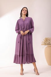 Women Purple  Rayon Embroidered with Mirror Work Flared Midi Dress