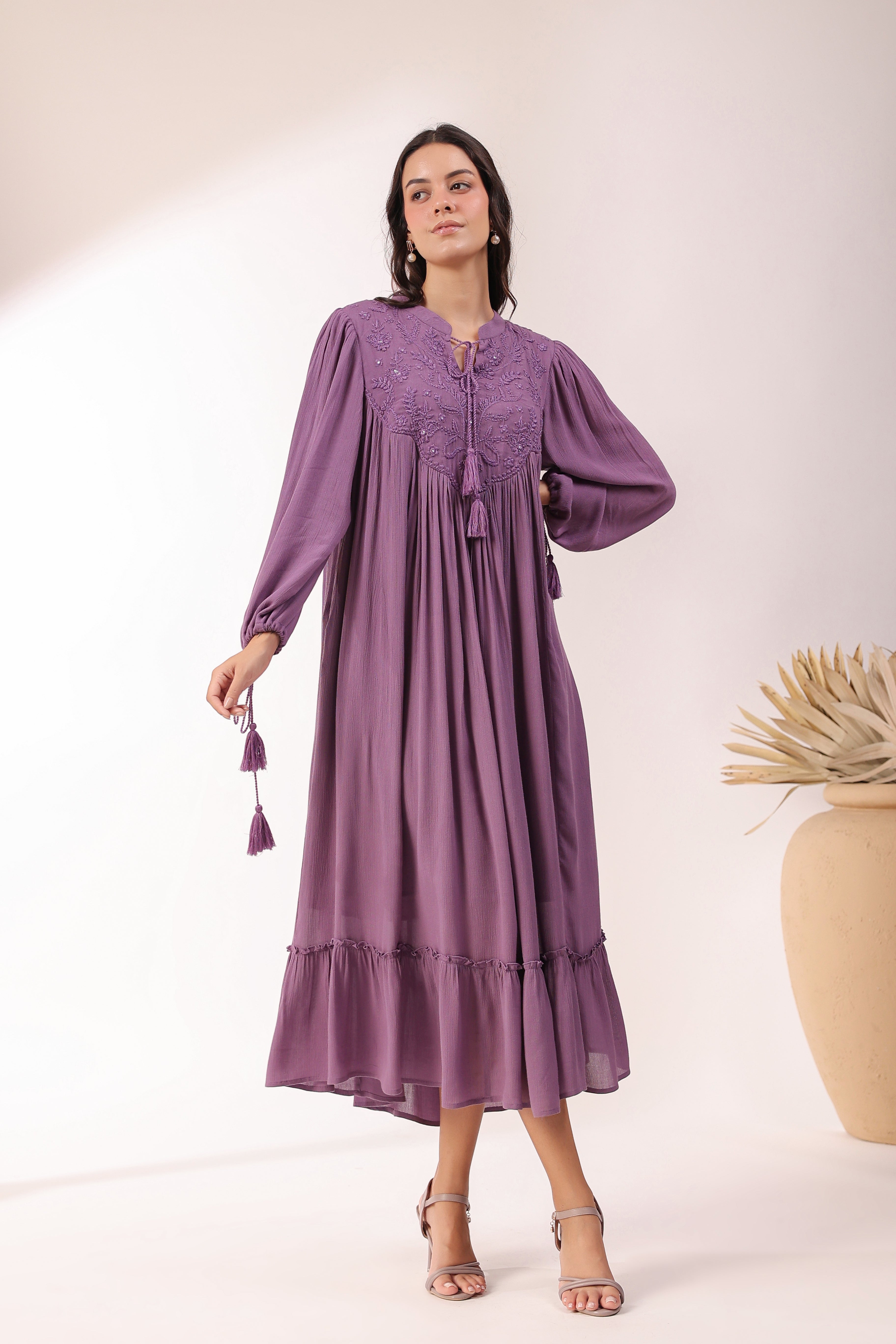 Women Purple  Rayon Embroidered with Mirror Work Flared Midi Dress