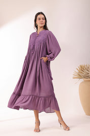 Women Purple  Rayon Embroidered with Mirror Work Flared Midi Dress