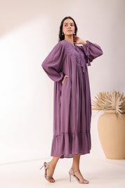 Women Purple  Rayon Embroidered with Mirror Work Flared Midi Dress