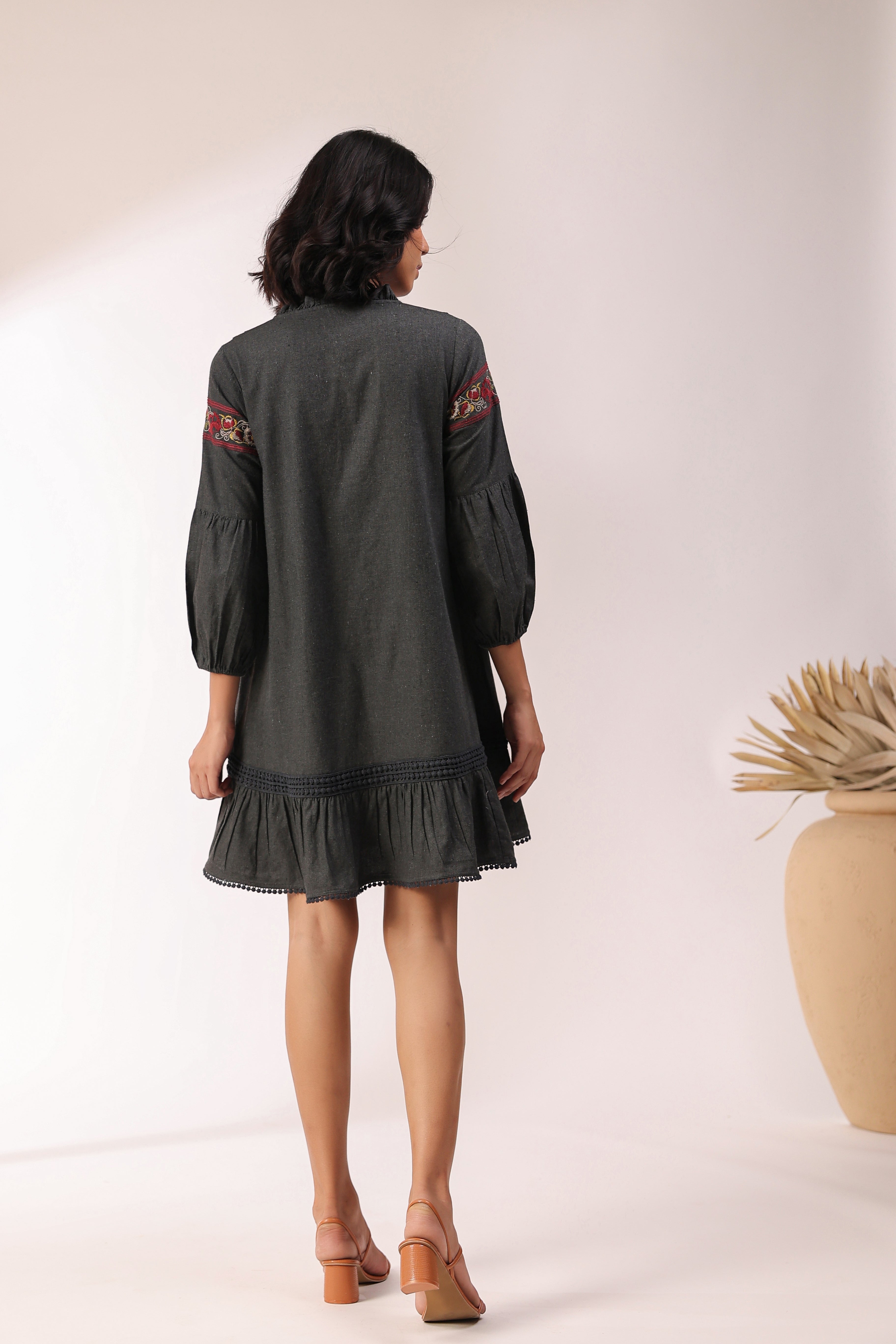 Women Black Cotton Flex Linen Lace With Dori Embroidery Dress