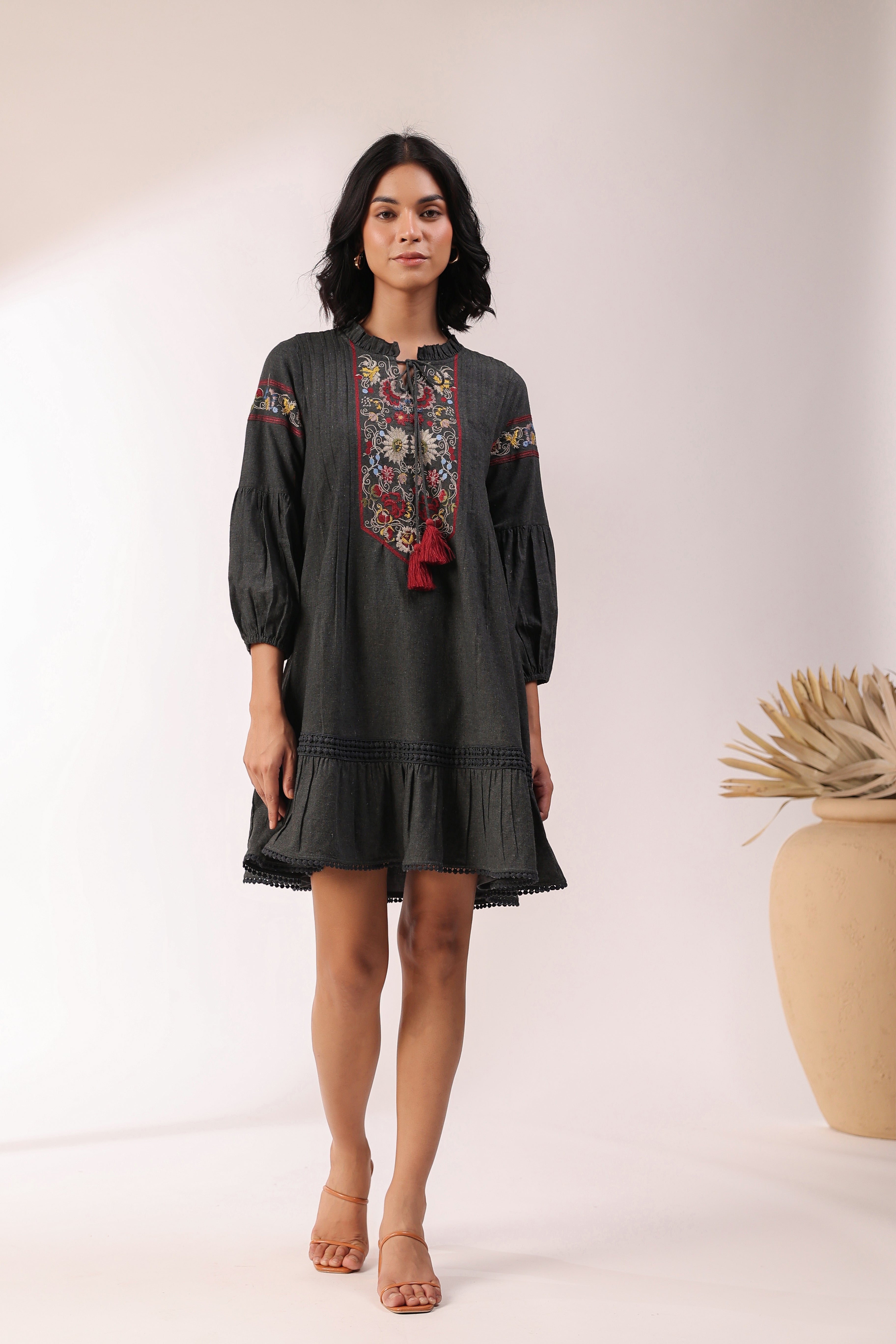 Women Black Cotton Flex Linen Lace With Dori Embroidery Dress