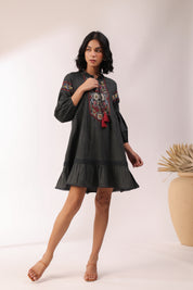 Women Black Cotton Flex Linen Lace With Dori Embroidery Dress