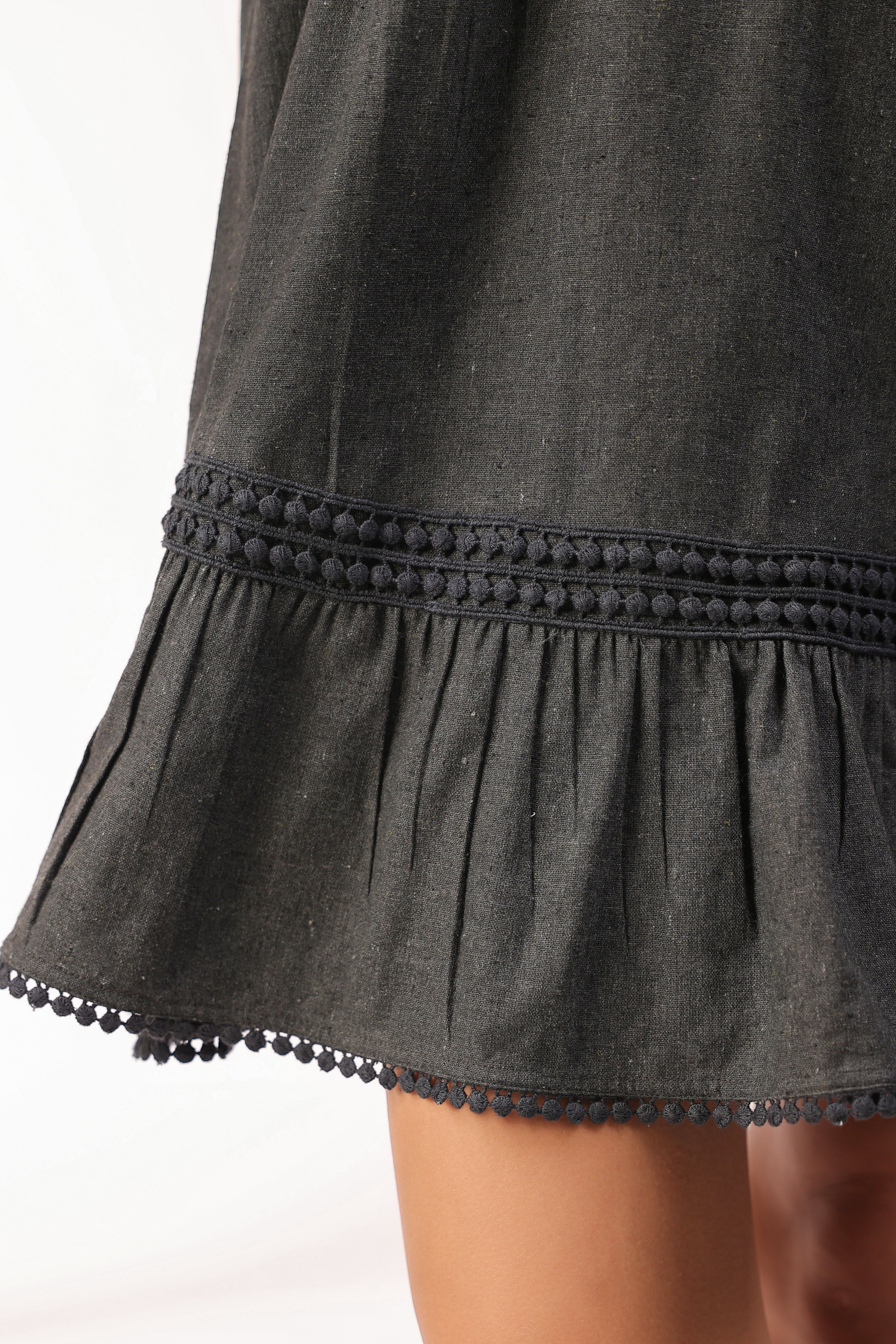 Women Black Cotton Flex Linen Lace With Dori Embroidery Dress