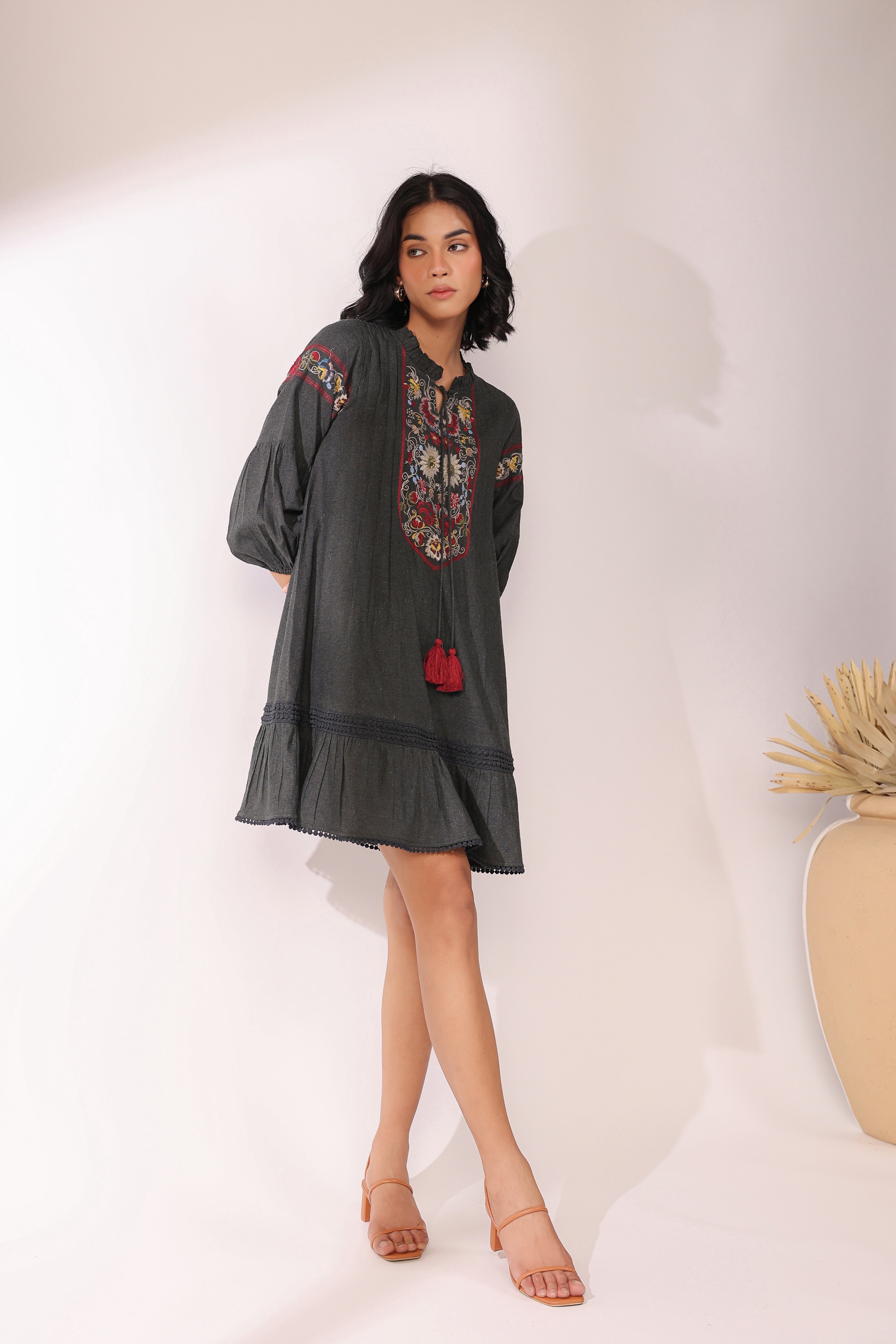 Women Black Cotton Flex Linen Lace With Dori Embroidery Dress