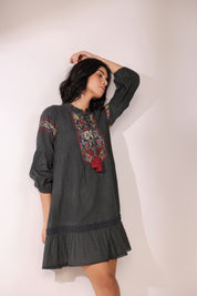 Women Black Cotton Flex Linen Lace With Dori Embroidery Dress