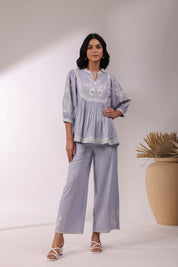 Women Lavender Cotton Linen Flex Embroidery CO-Ord Set