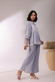 Women Lavender Cotton Linen Flex Embroidery CO-Ord Set