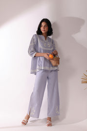 Women Lavender Cotton Linen Flex Embroidery CO-Ord Set