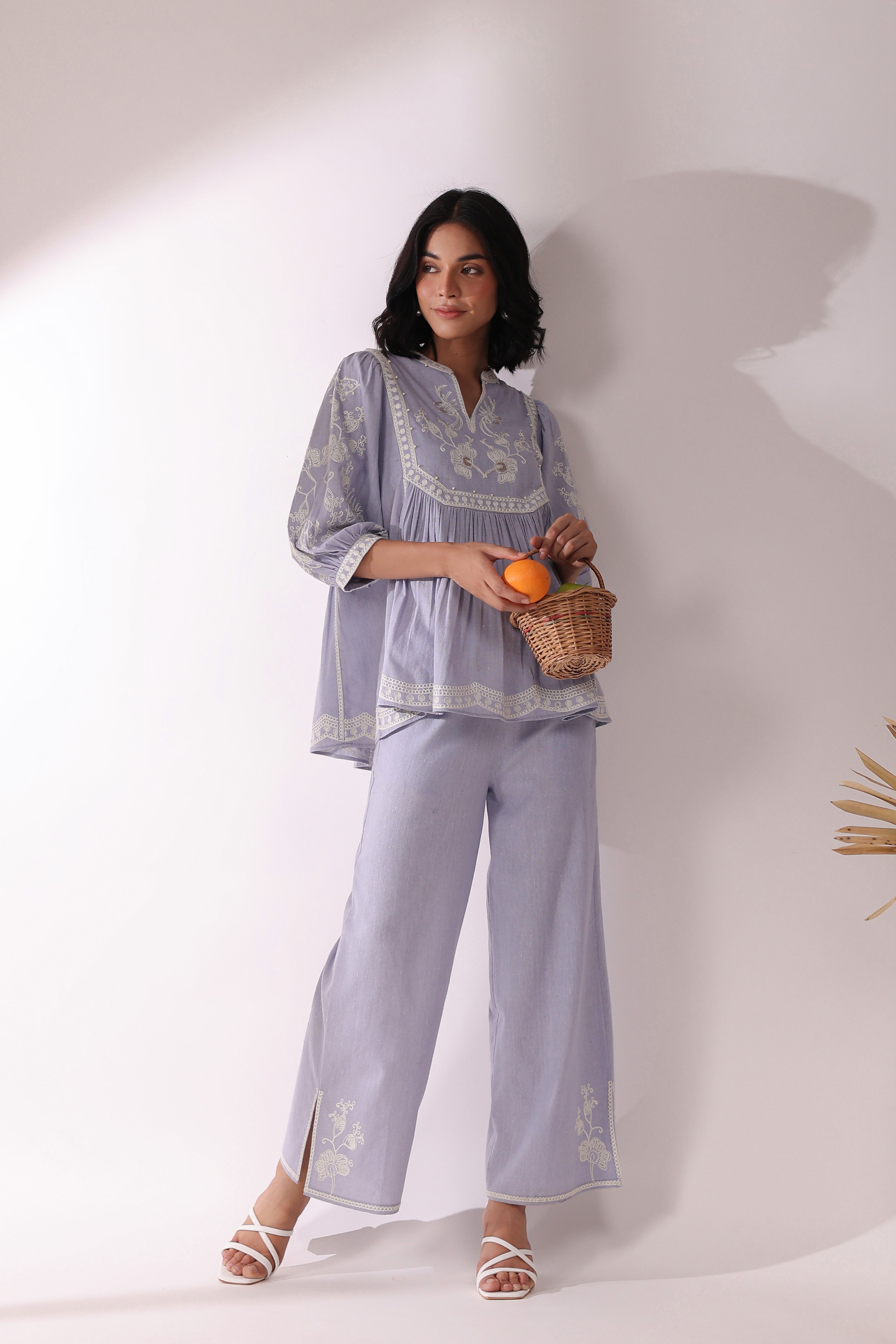 Women Lavender Cotton Linen Flex Embroidery CO-Ord Set