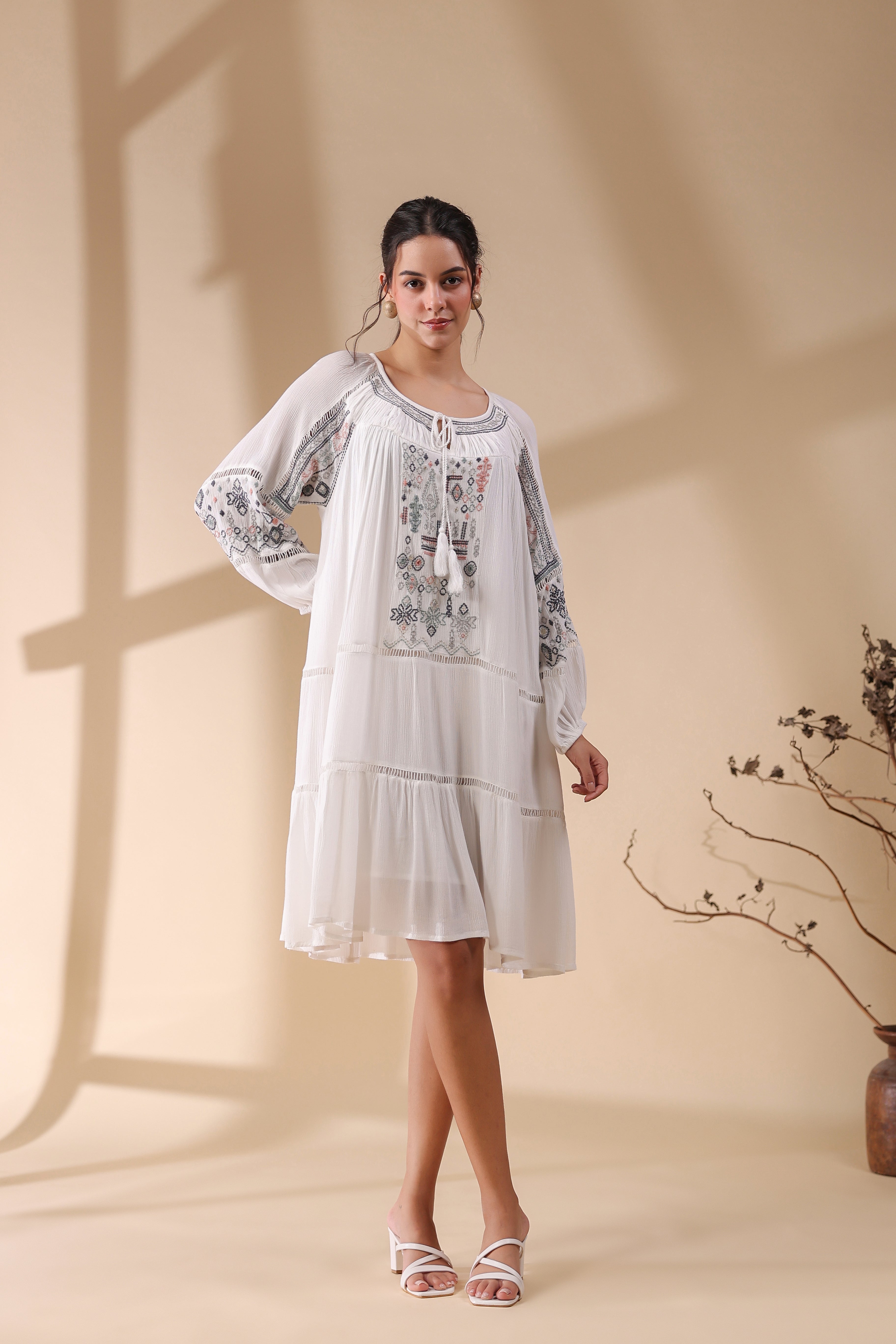 Women White Embroidered Dori & Tassels Peplum Dress