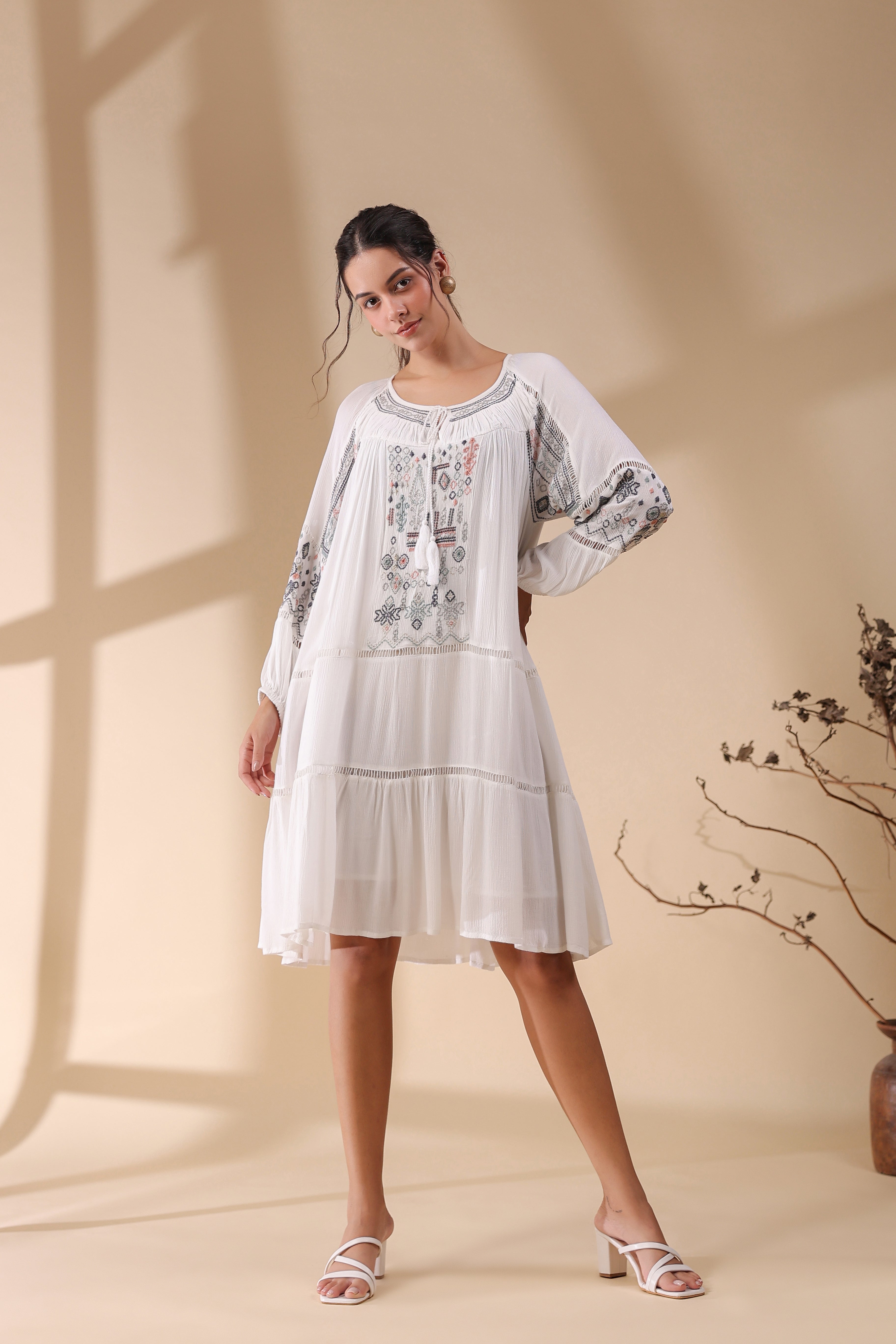 Women White Embroidered Dori & Tassels Peplum Dress