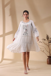 Women White Embroidered Dori & Tassels Peplum Dress