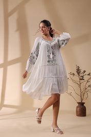 Women White Embroidered Dori & Tassels Peplum Dress