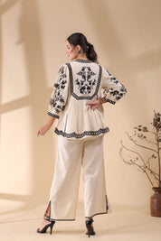 Women Beige Cotton Linen Flex Embroidery CO-Ord Set