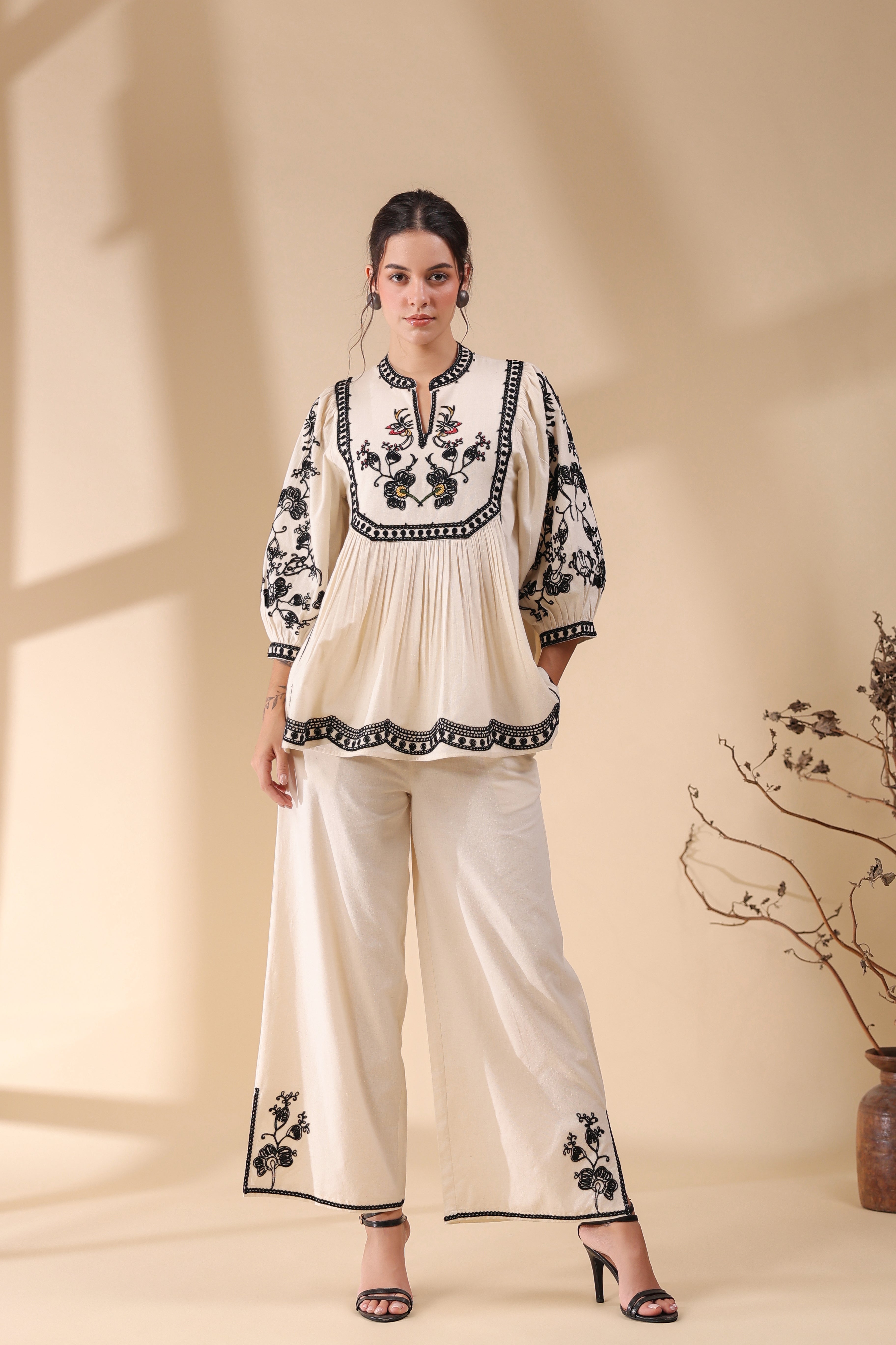 Women Beige Cotton Linen Flex Embroidery CO-Ord Set