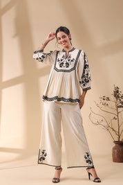 Women Beige Cotton Linen Flex Embroidery CO-Ord Set