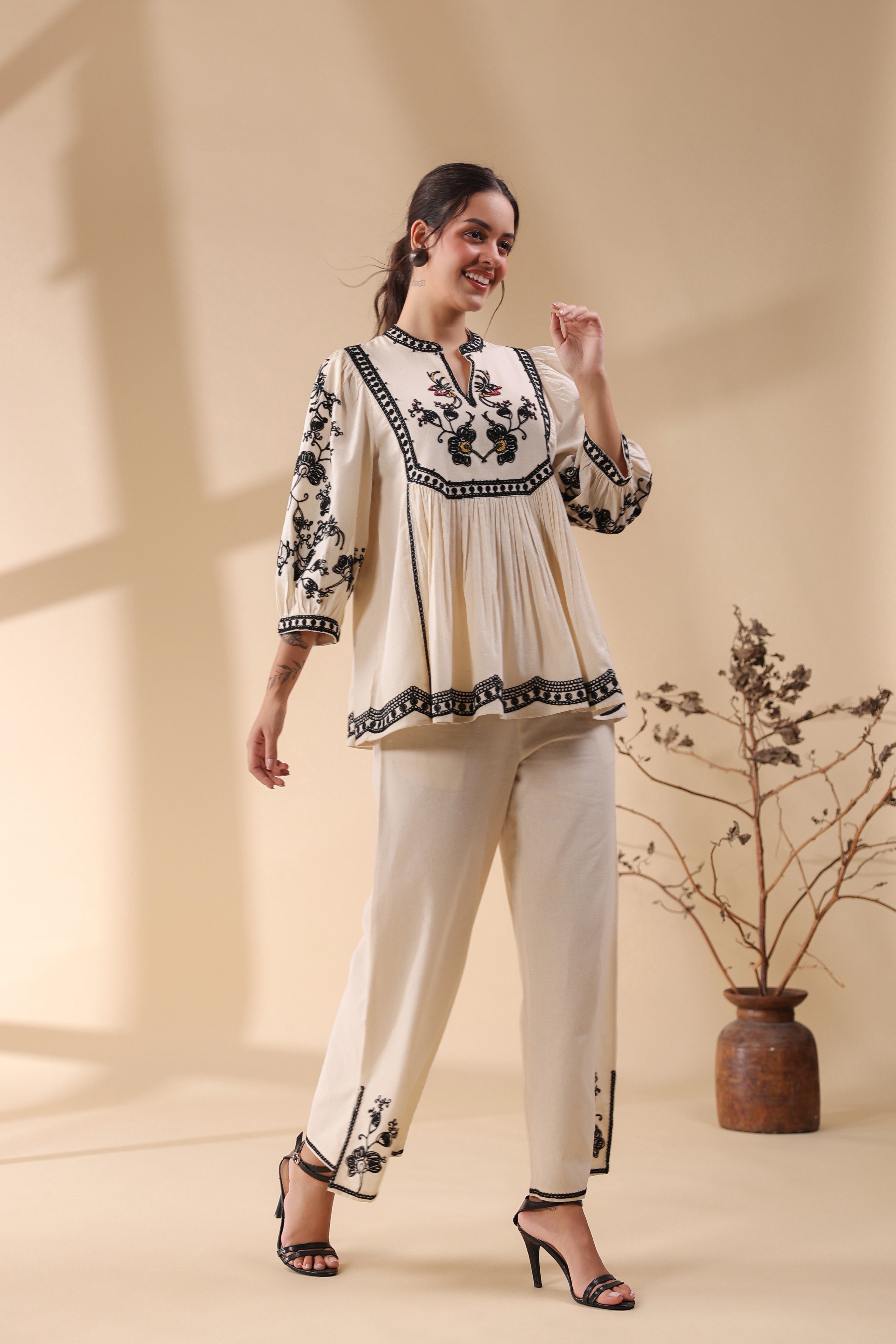 Women Beige Cotton Linen Flex Embroidery CO-Ord Set