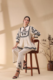 Women Beige Cotton Linen Flex Embroidery CO-Ord Set