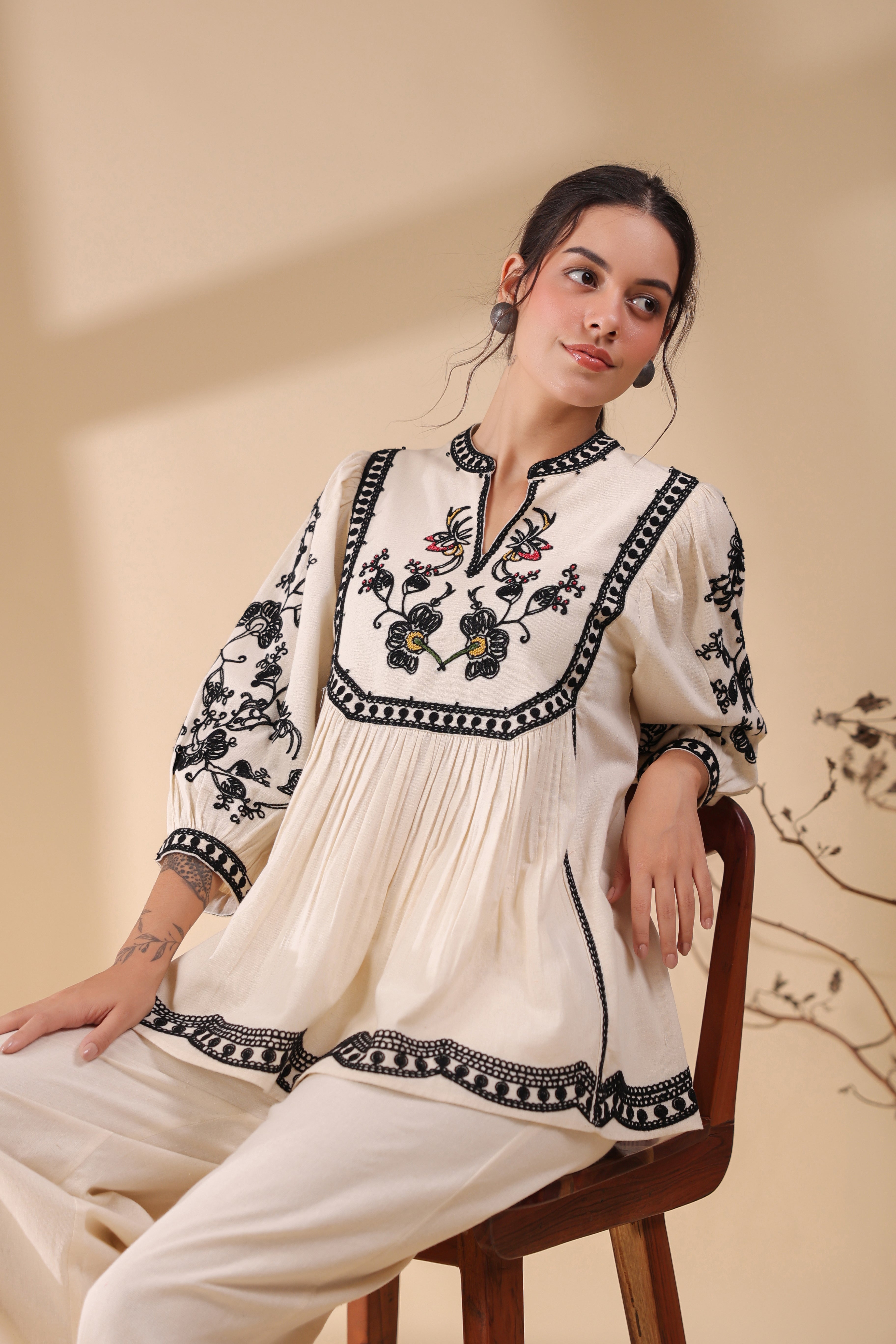 Women Beige Cotton Linen Flex Embroidery CO-Ord Set