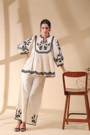 Women Beige Cotton Linen Flex Embroidery CO-Ord Set