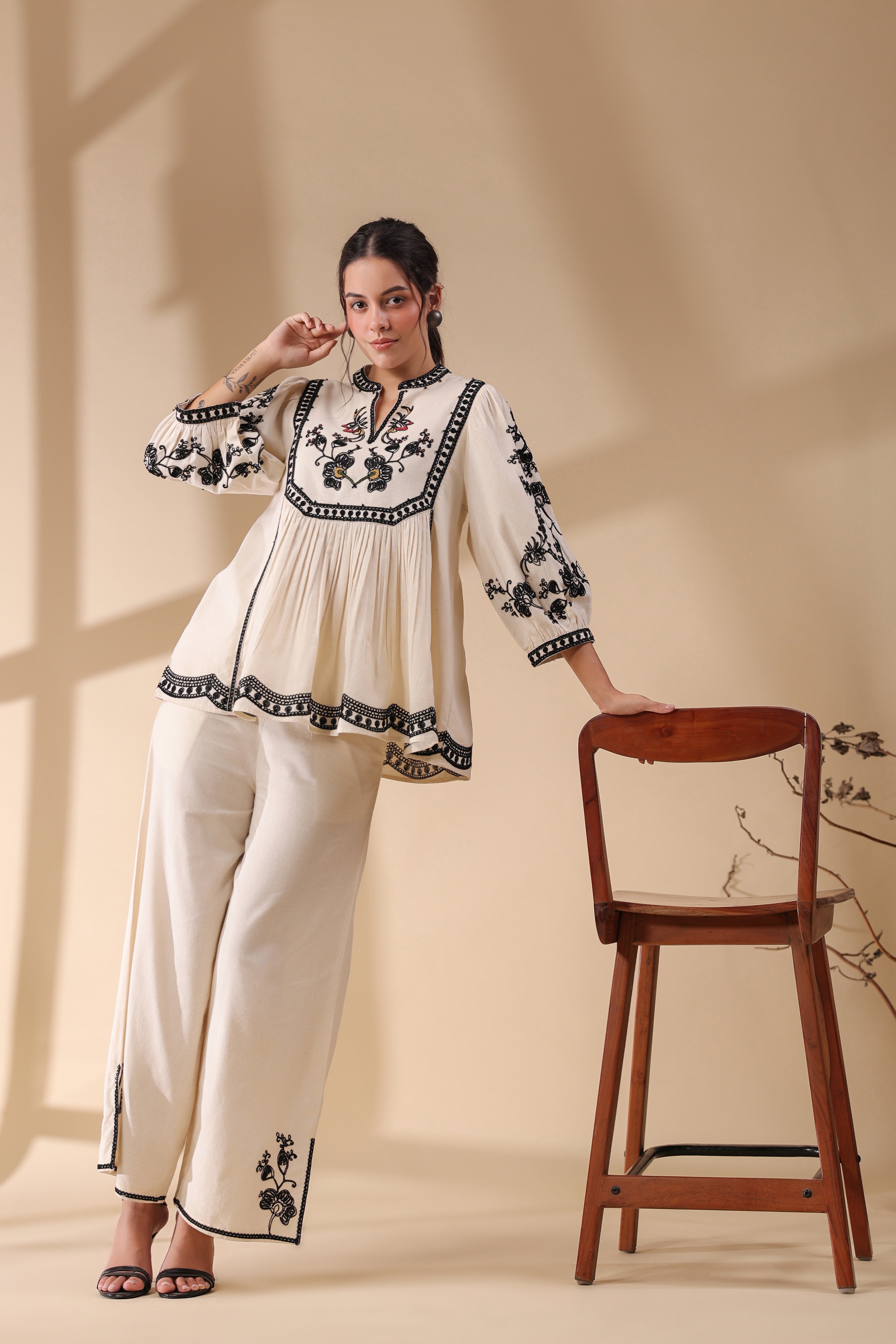 Women Beige Cotton Linen Flex Embroidery CO-Ord Set