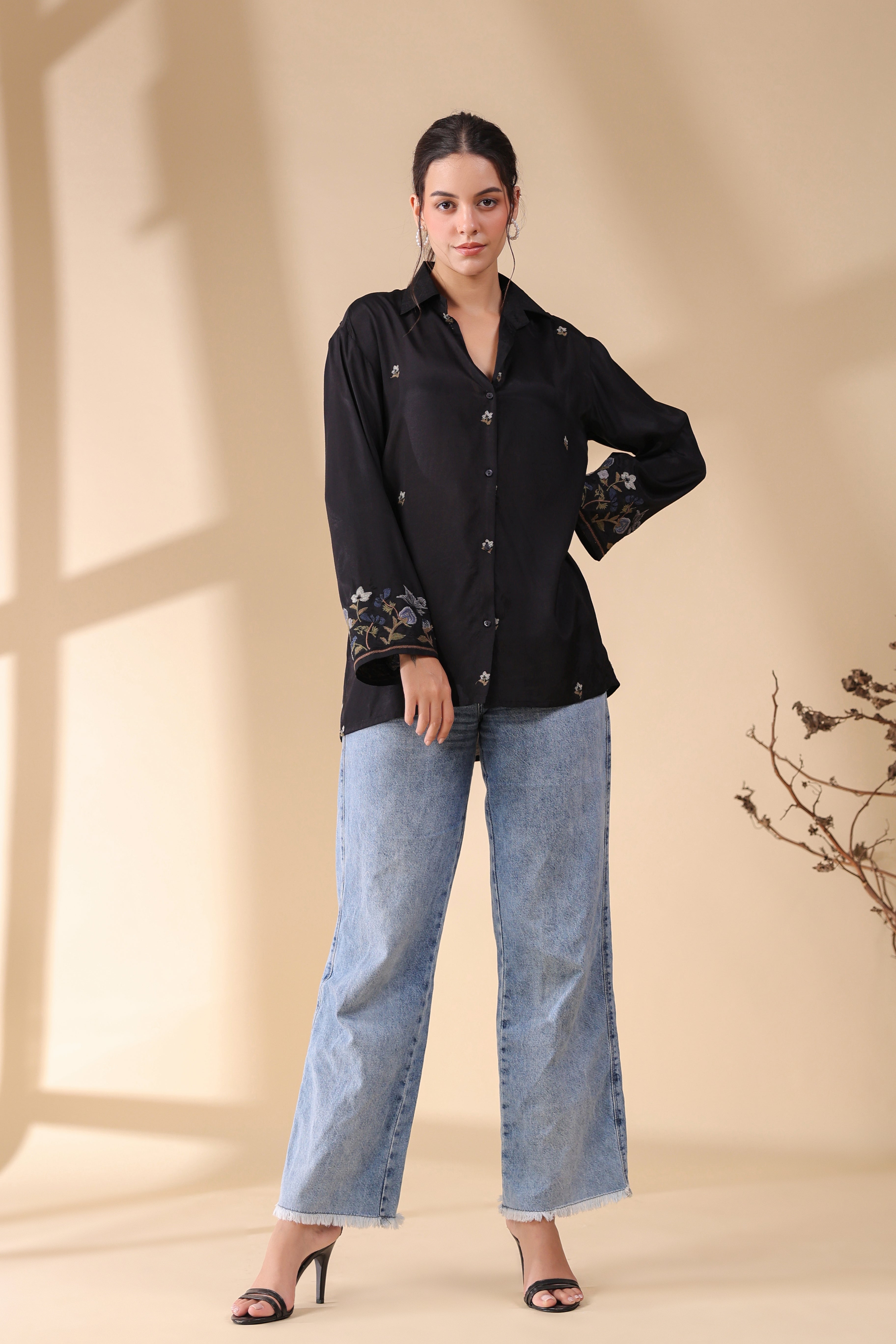 Women Black  Polyester Fabric Embroidery Shirt