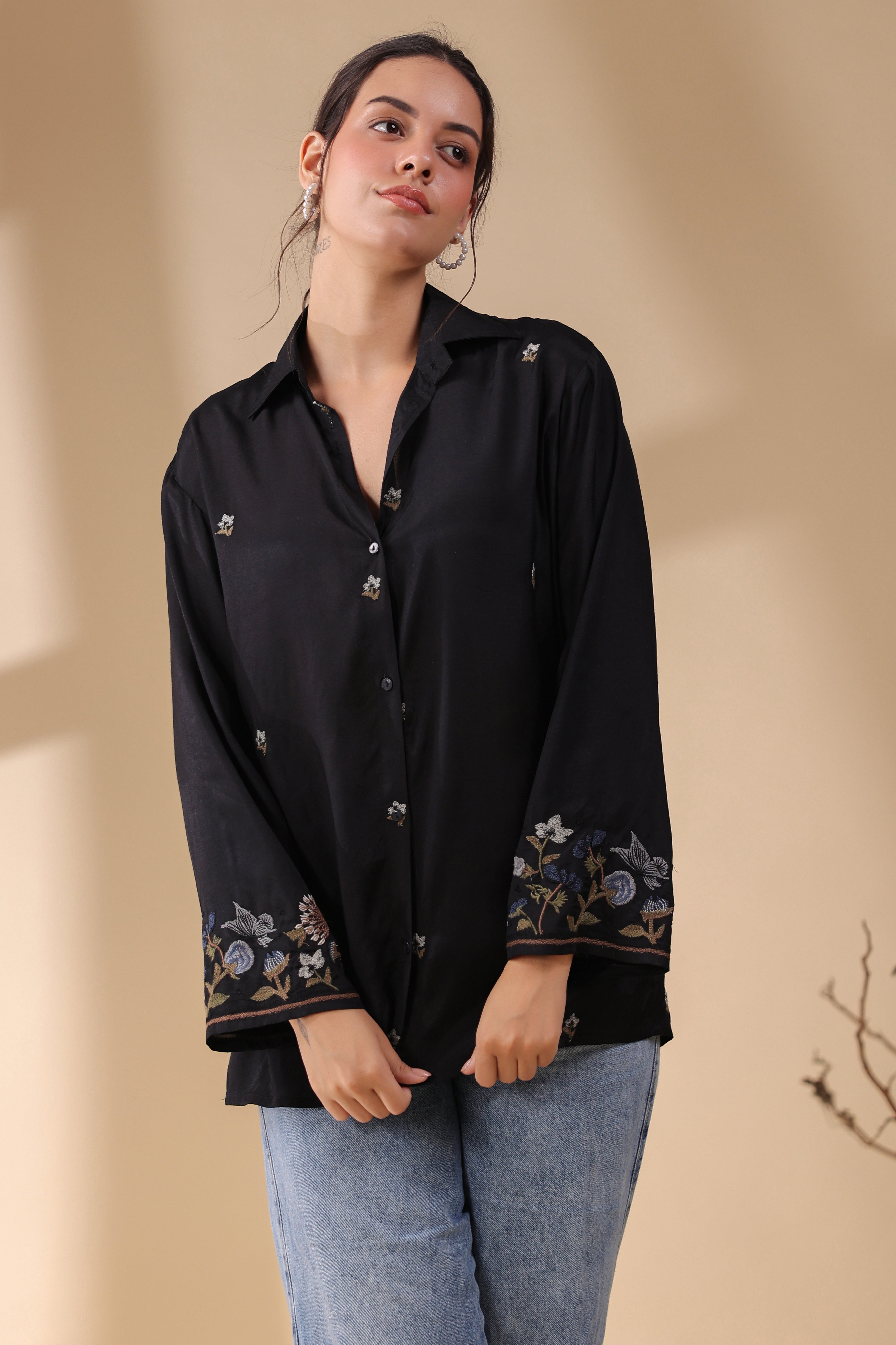 Women Black  Polyester Fabric Embroidery Shirt