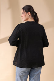 Women Black Cotton Dobby Jacquard Cut Work Embroidered Beads Work Shirt