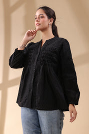 Women Black Cotton Dobby Jacquard Cut Work Embroidered Beads Work Shirt