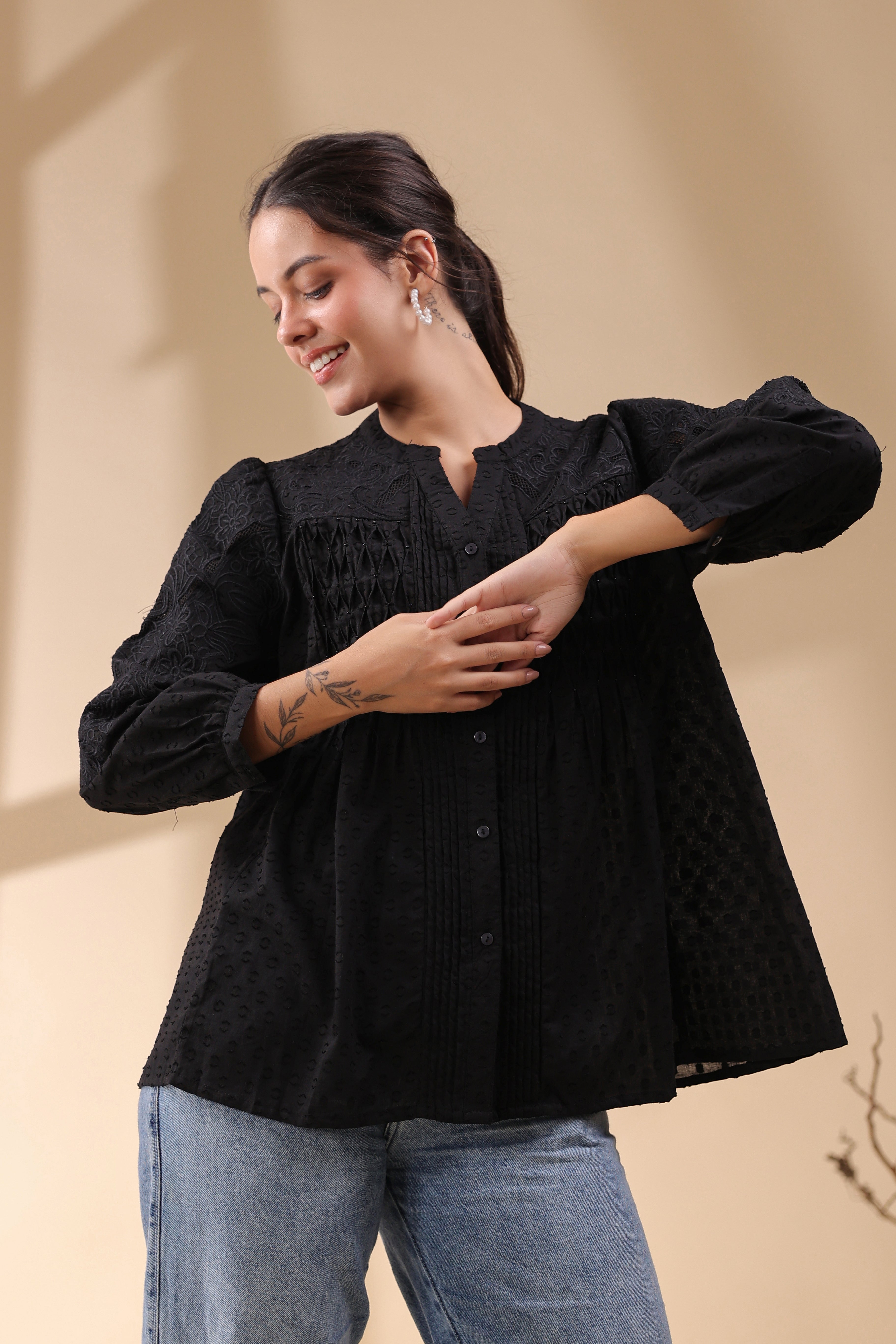 Women Black Cotton Dobby Jacquard Cut Work Embroidered Beads Work Shirt