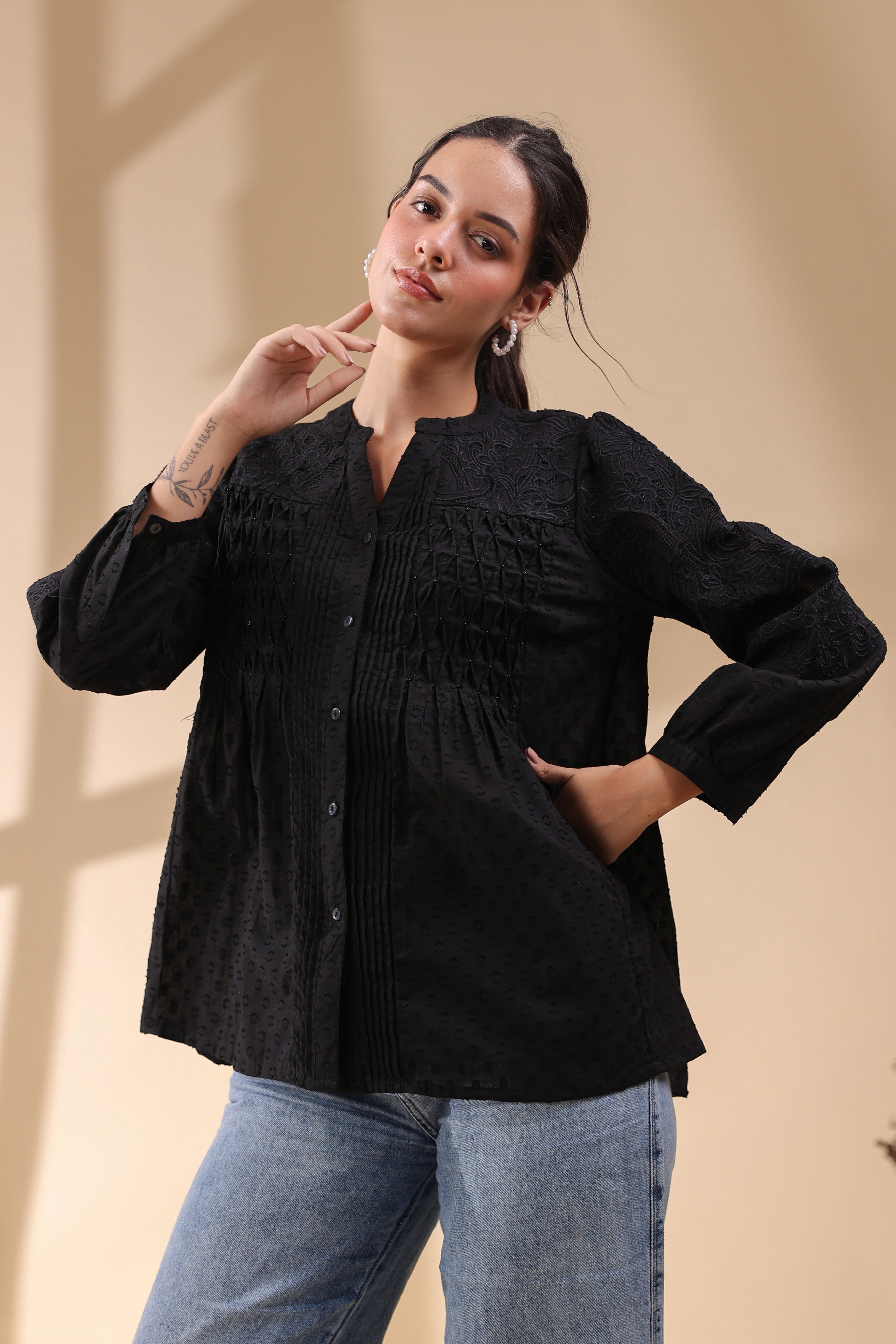 Women Black Cotton Dobby Jacquard Cut Work Embroidered Beads Work Shirt