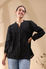 Women Black Cotton Dobby Jacquard Cut Work Embroidered Beads Work Shirt