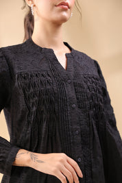 Women Black Cotton Dobby Jacquard Cut Work Embroidered Beads Work Shirt