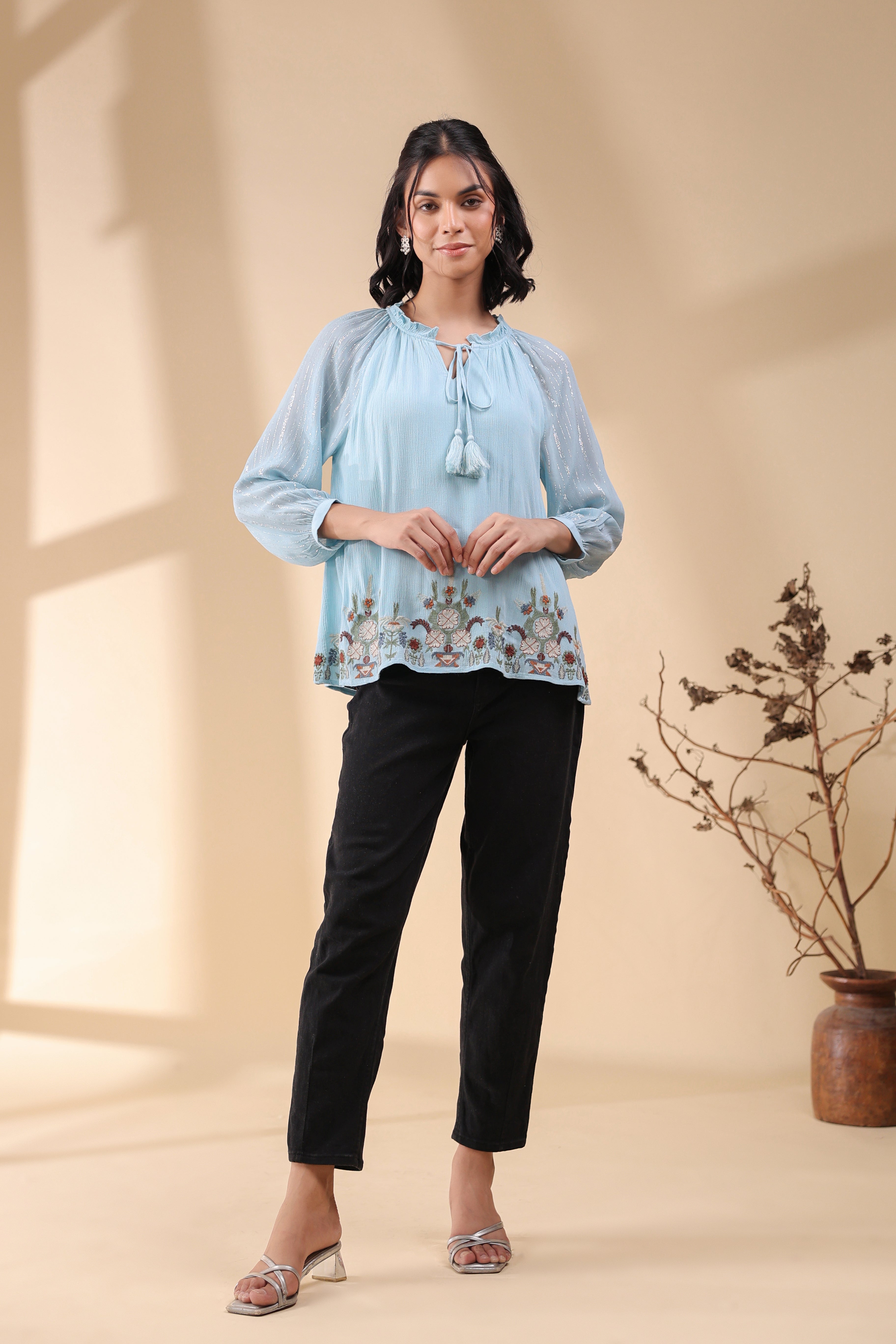 Women Sky Blue Georgette Rayon Crepe Embroidered Top