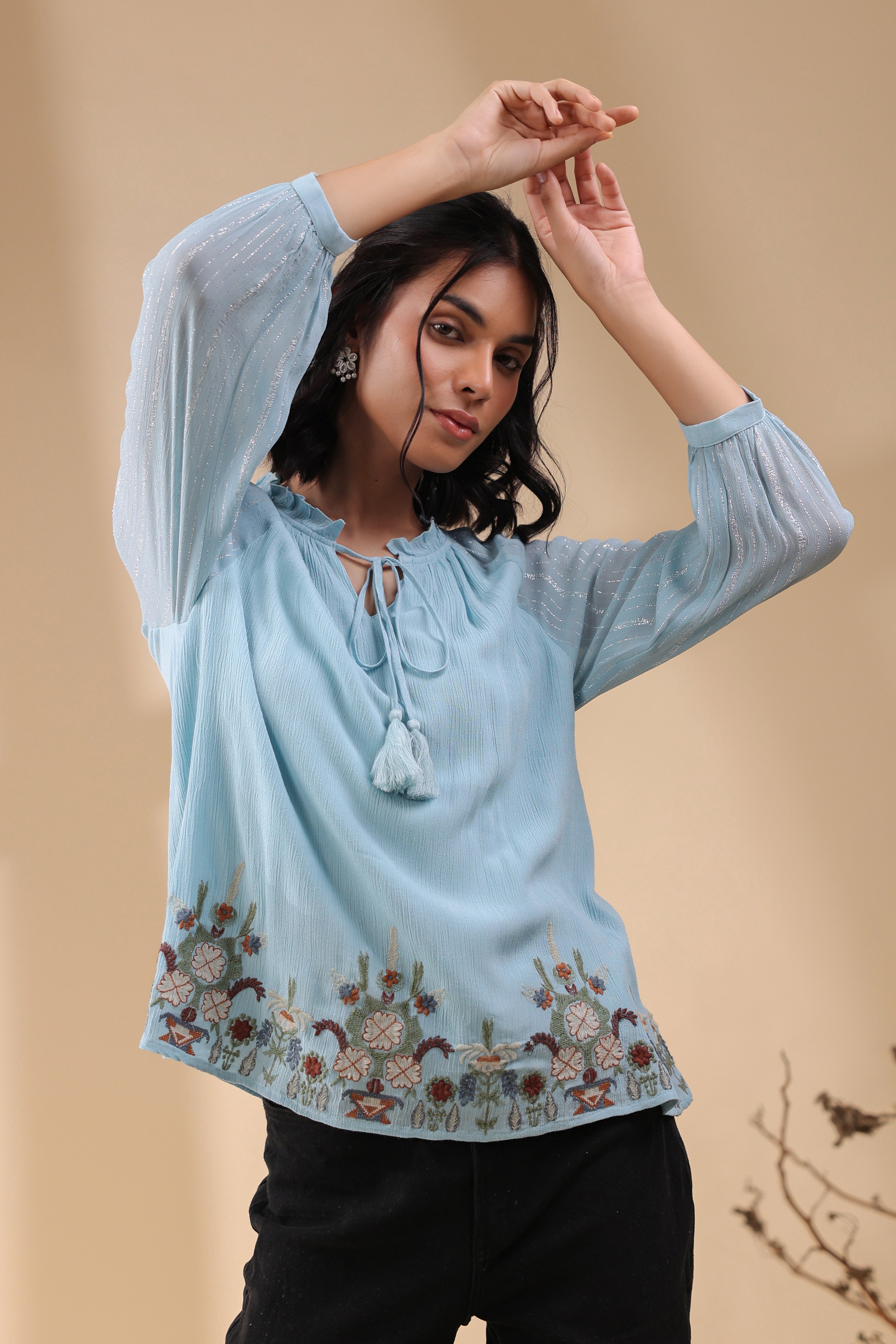 Women Sky Blue Georgette Rayon Crepe Embroidered Top