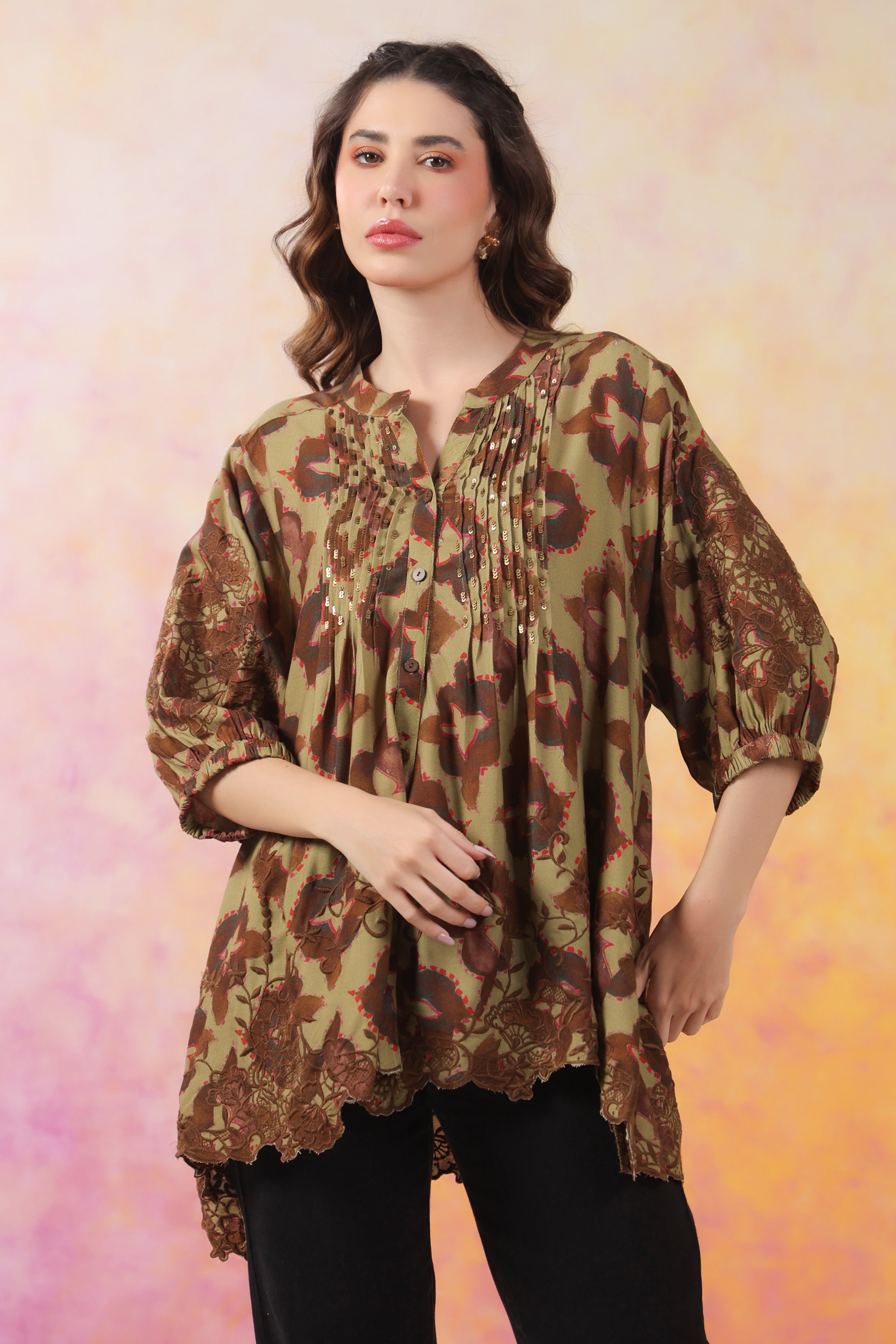 Women’s Green Color Rayon Printed Top with Cut Work Embroidery