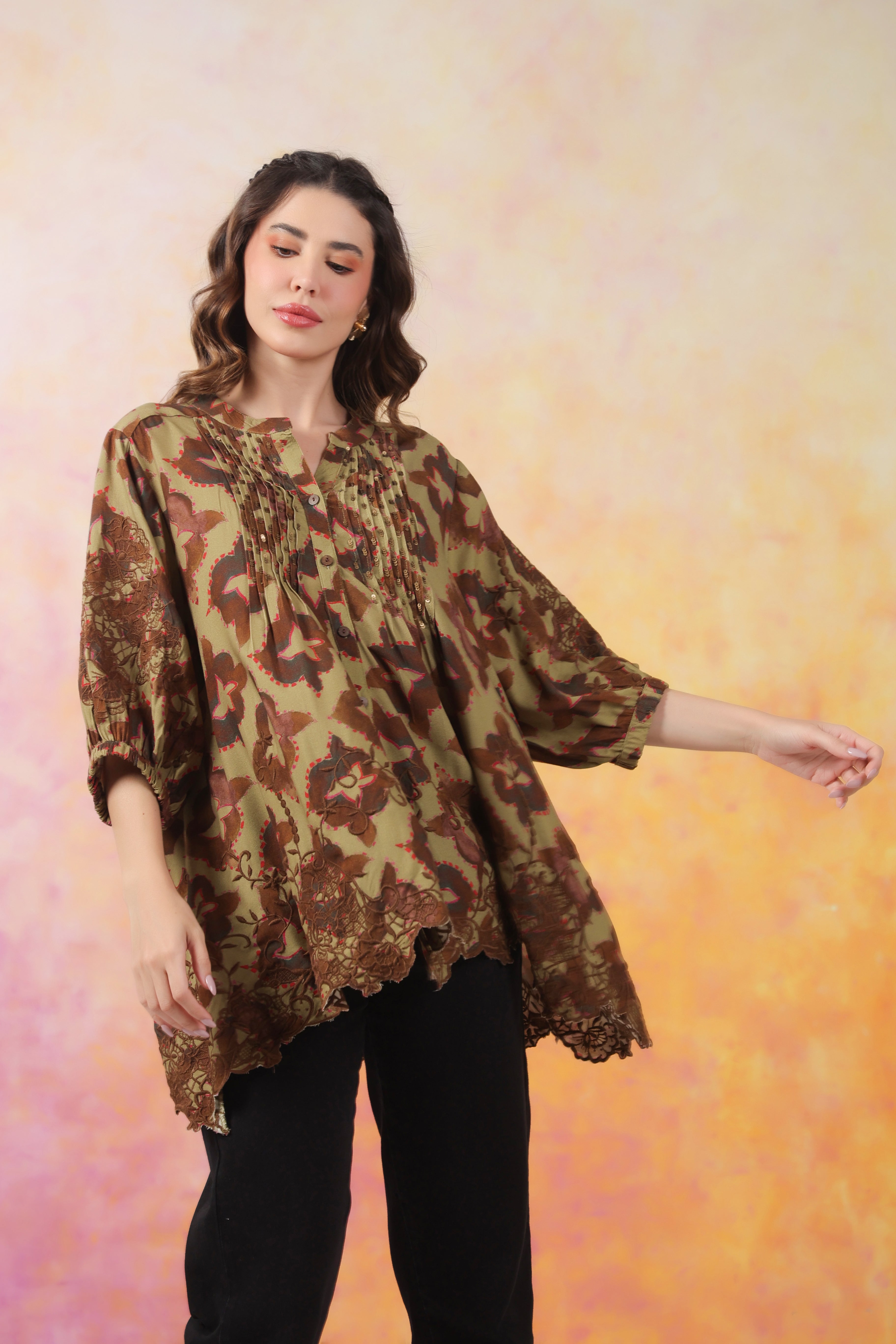 Women’s Green Color Rayon Printed Top with Cut Work Embroidery