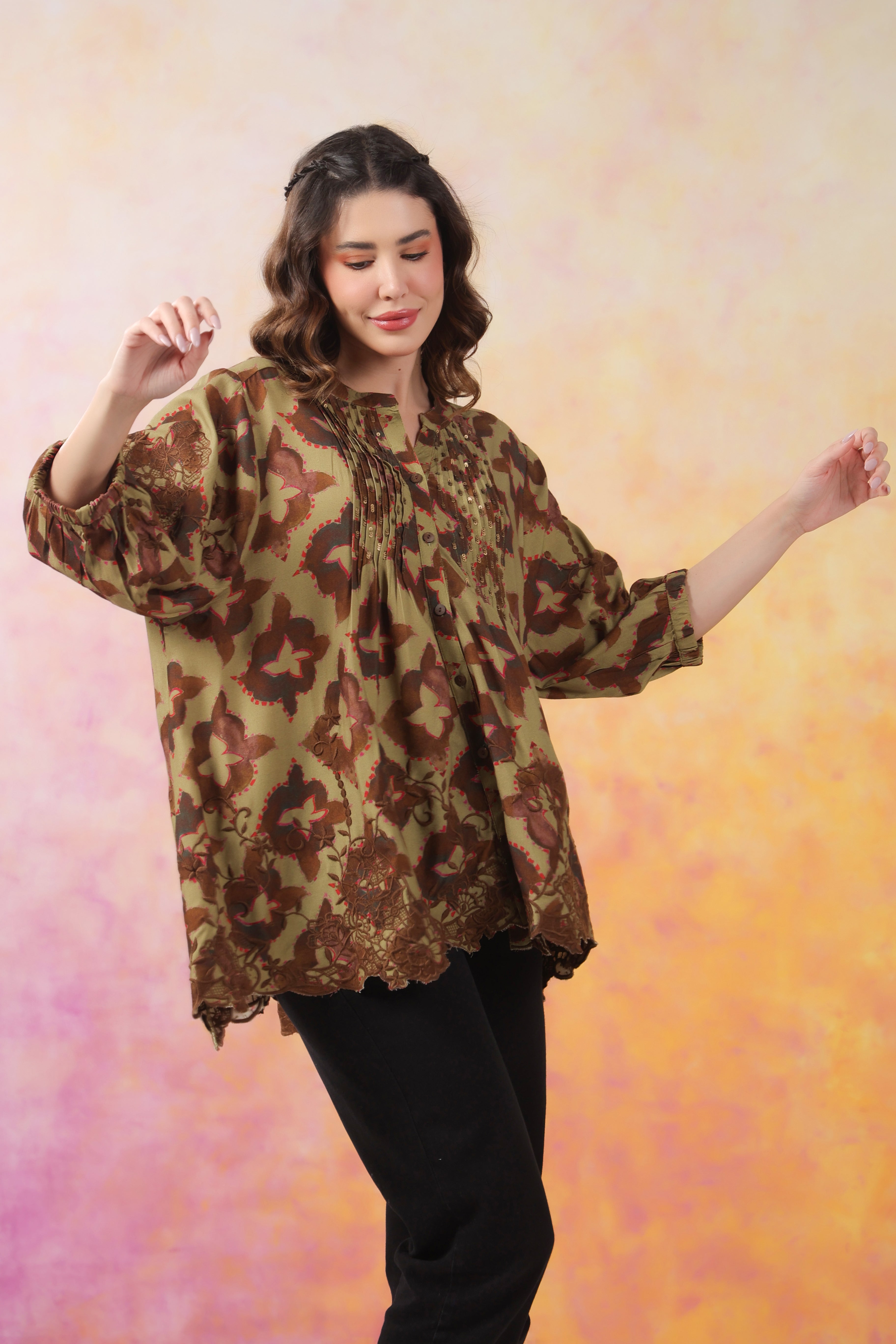 Women’s Green Color Rayon Printed Top with Cut Work Embroidery