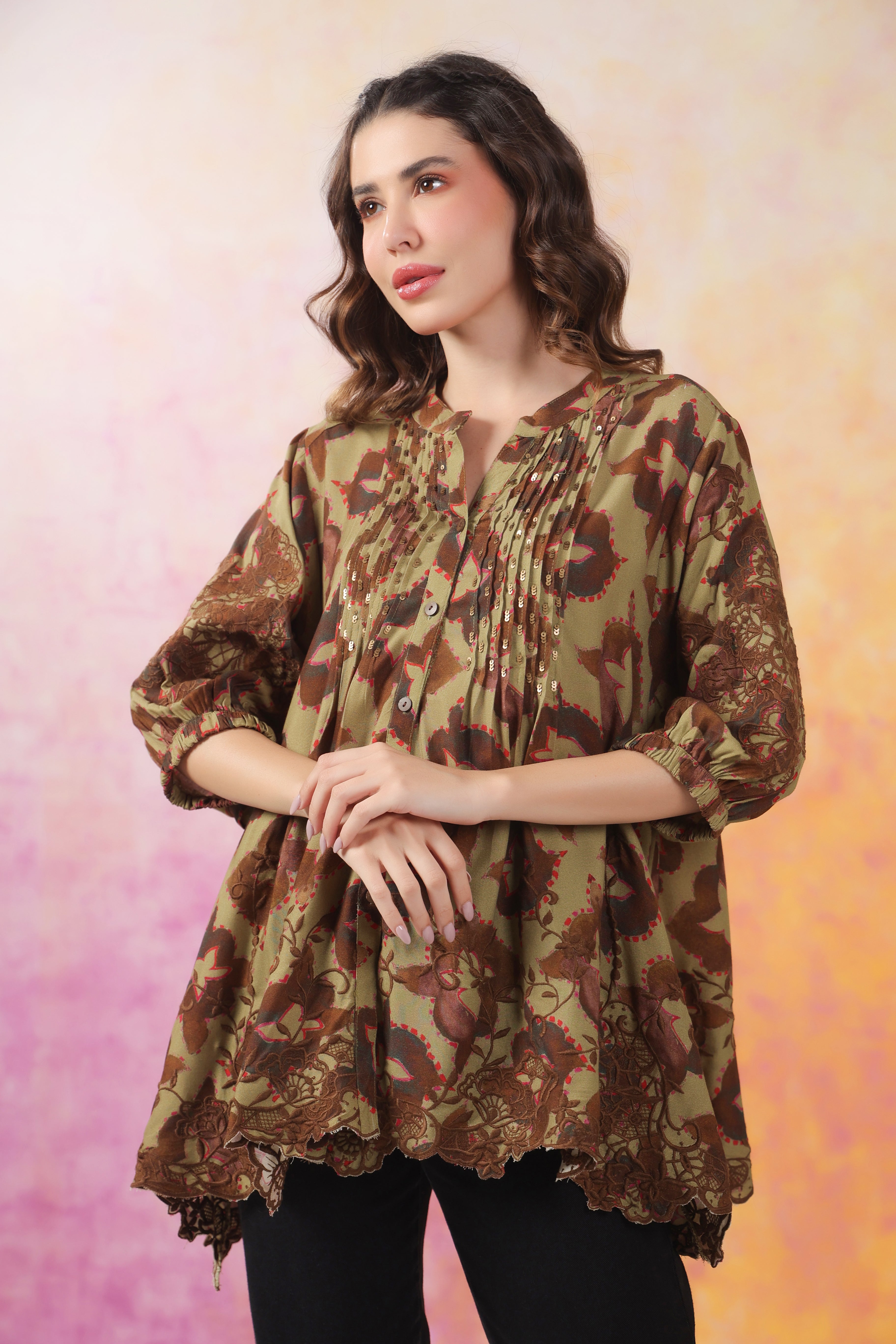 Women’s Green Color Rayon Printed Top with Cut Work Embroidery