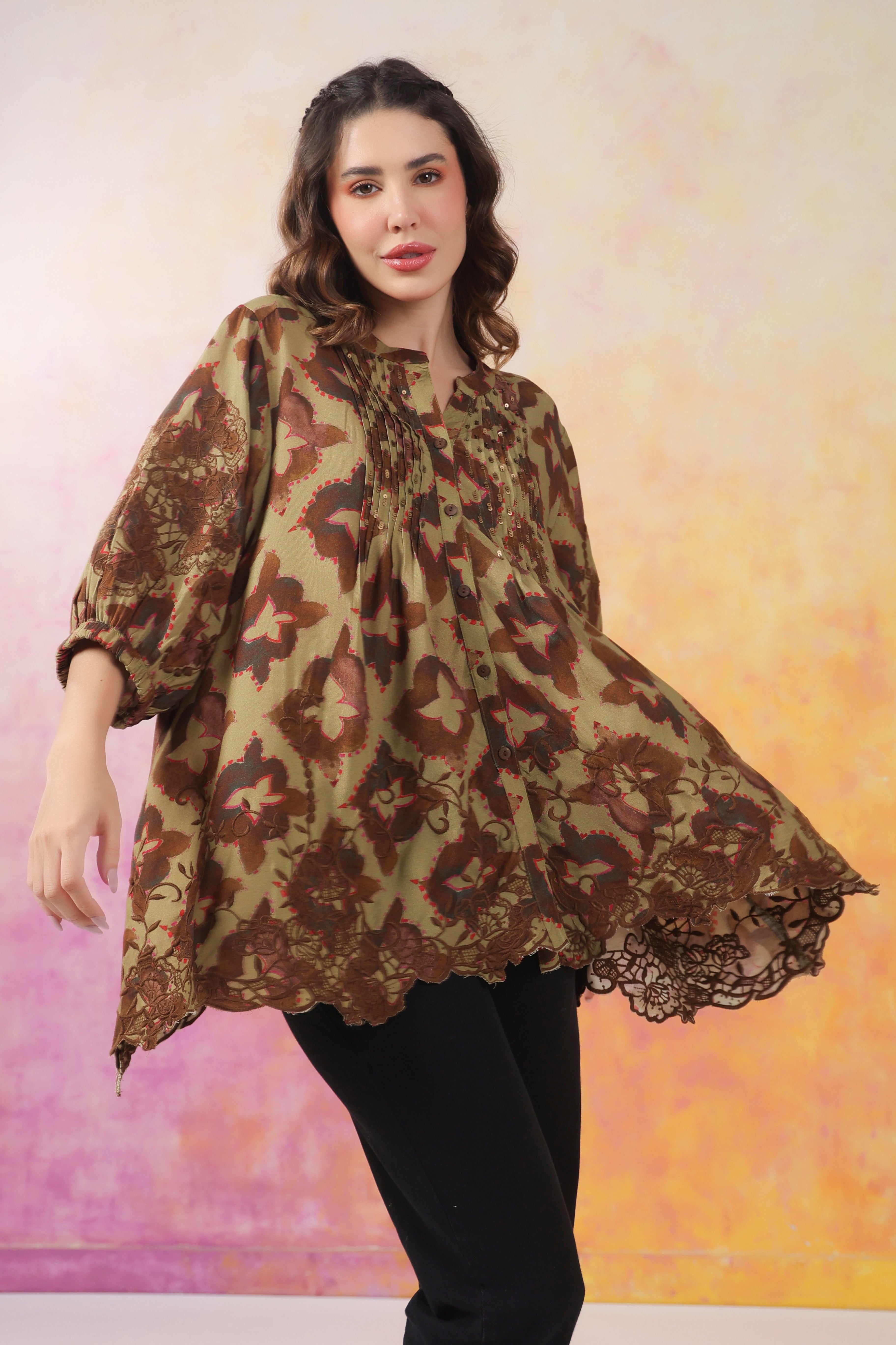 Women’s Green Color Rayon Printed Top with Cut Work Embroidery