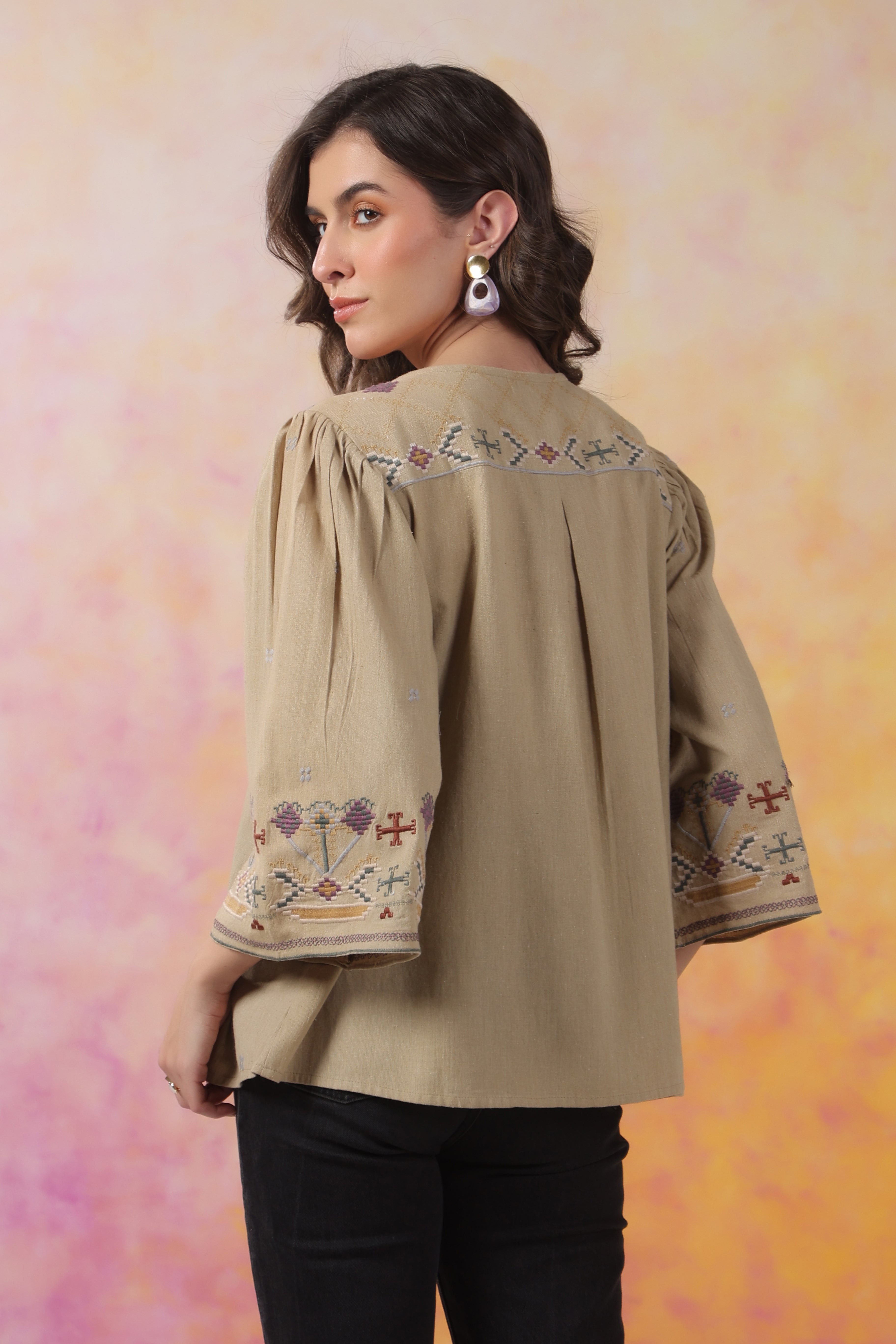 Women’s Khaki Color Cotton Linen Blend Fabric with Embroidery & Lace