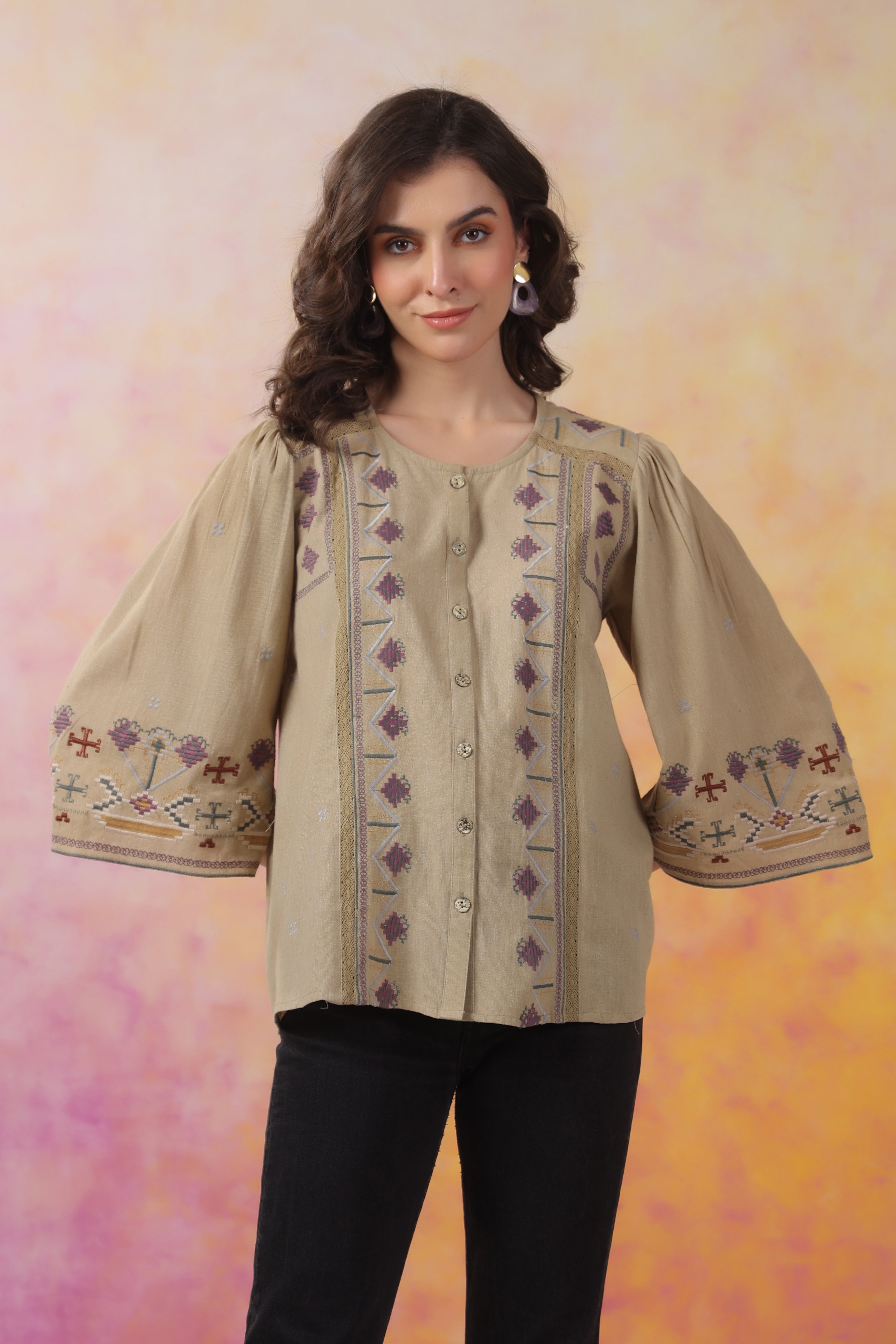 Women’s Khaki Color Cotton Linen Blend Fabric with Embroidery & Lace