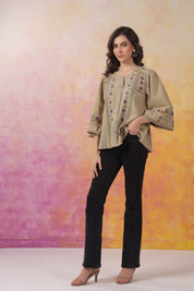 Women’s Khaki Color Cotton Linen Blend Fabric with Embroidery & Lace