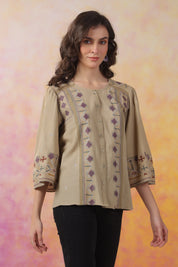 Women’s Khaki Color Cotton Linen Blend Fabric with Embroidery & Lace