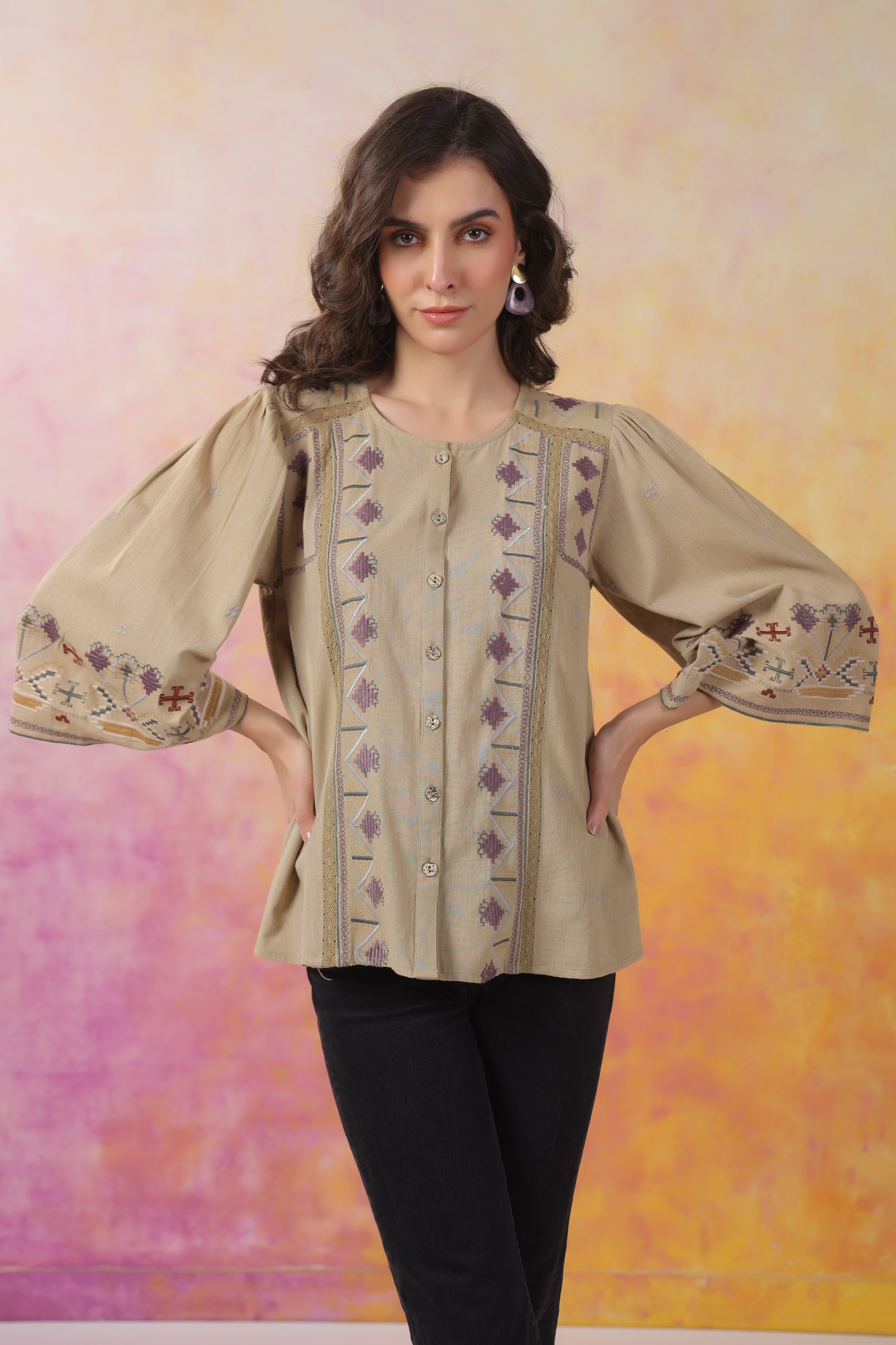 Women’s Khaki Color Cotton Linen Blend Fabric with Embroidery & Lace