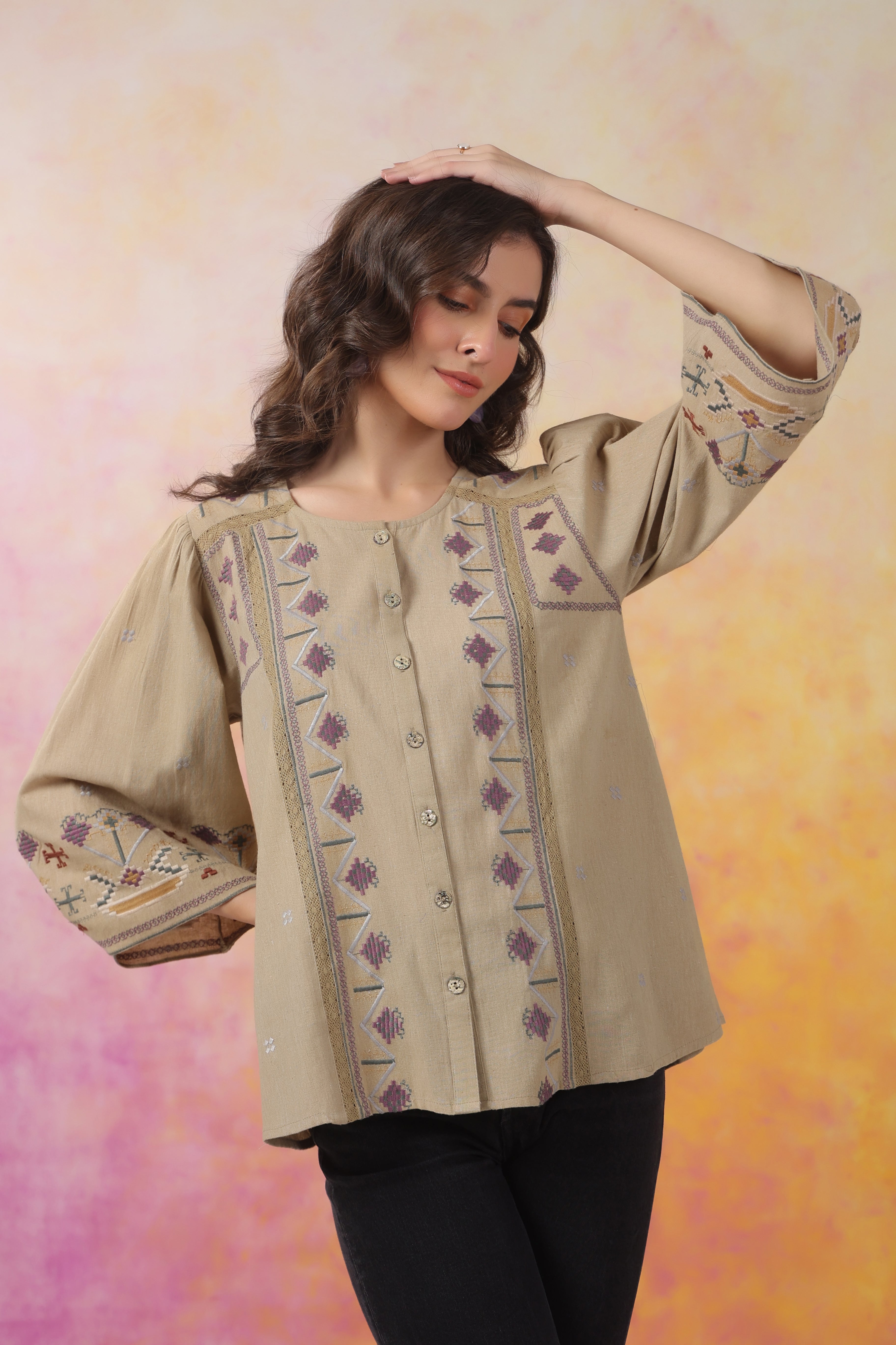 Women’s Khaki Color Cotton Linen Blend Fabric with Embroidery & Lace