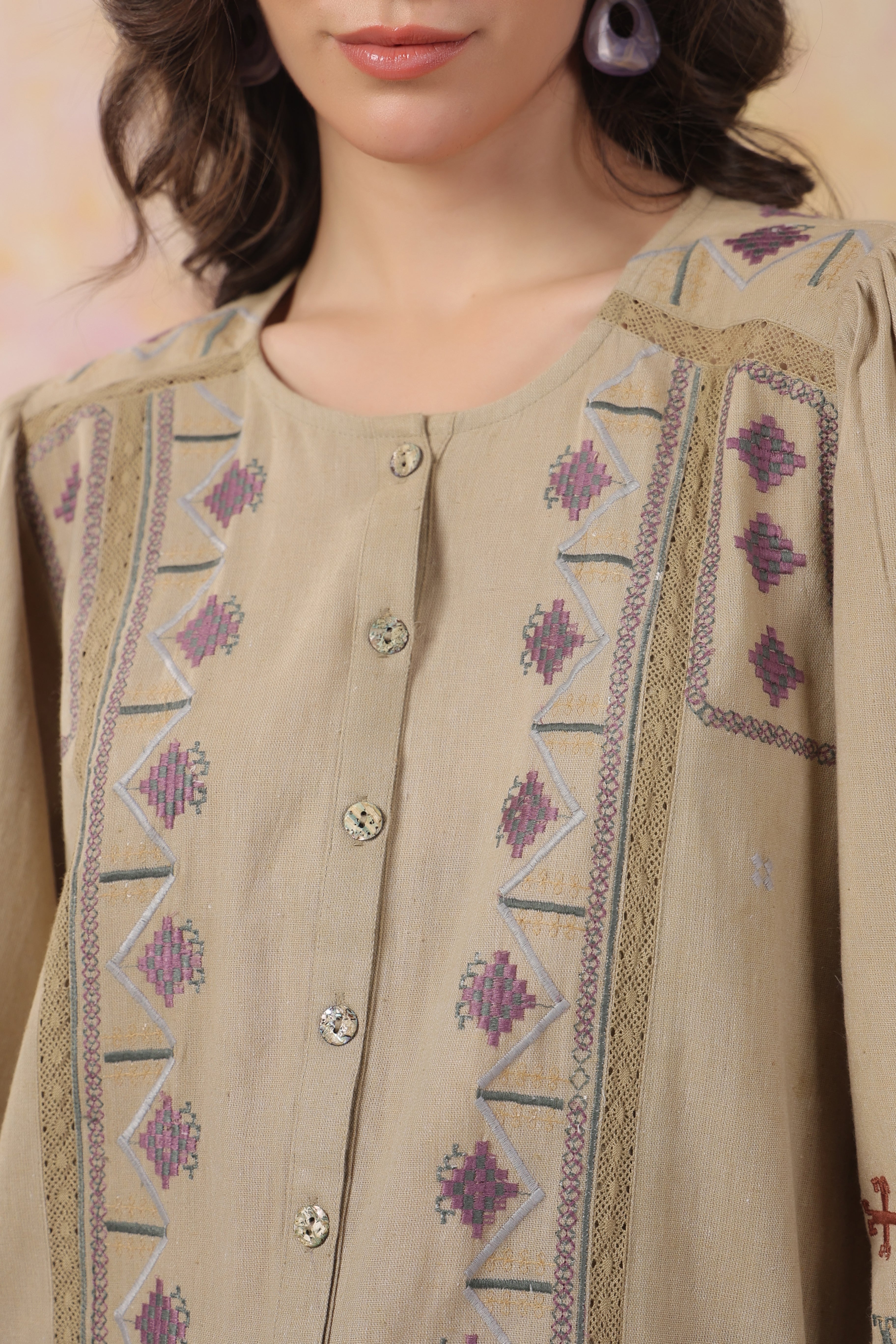 Women’s Khaki Color Cotton Linen Blend Fabric with Embroidery & Lace