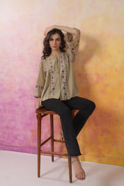 Women’s Khaki Color Cotton Linen Blend Fabric with Embroidery & Lace